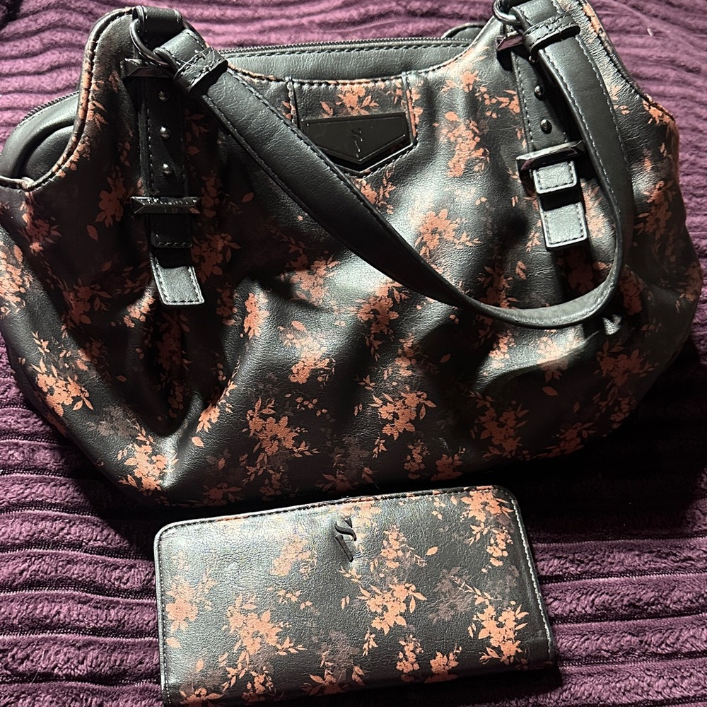 Simply Vera Vera Wang Black and Auburn Floral Satchel Bag